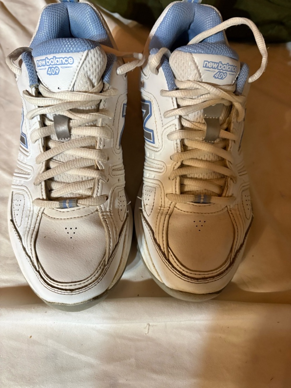 New Balance White and Light Blue 409 Trainers